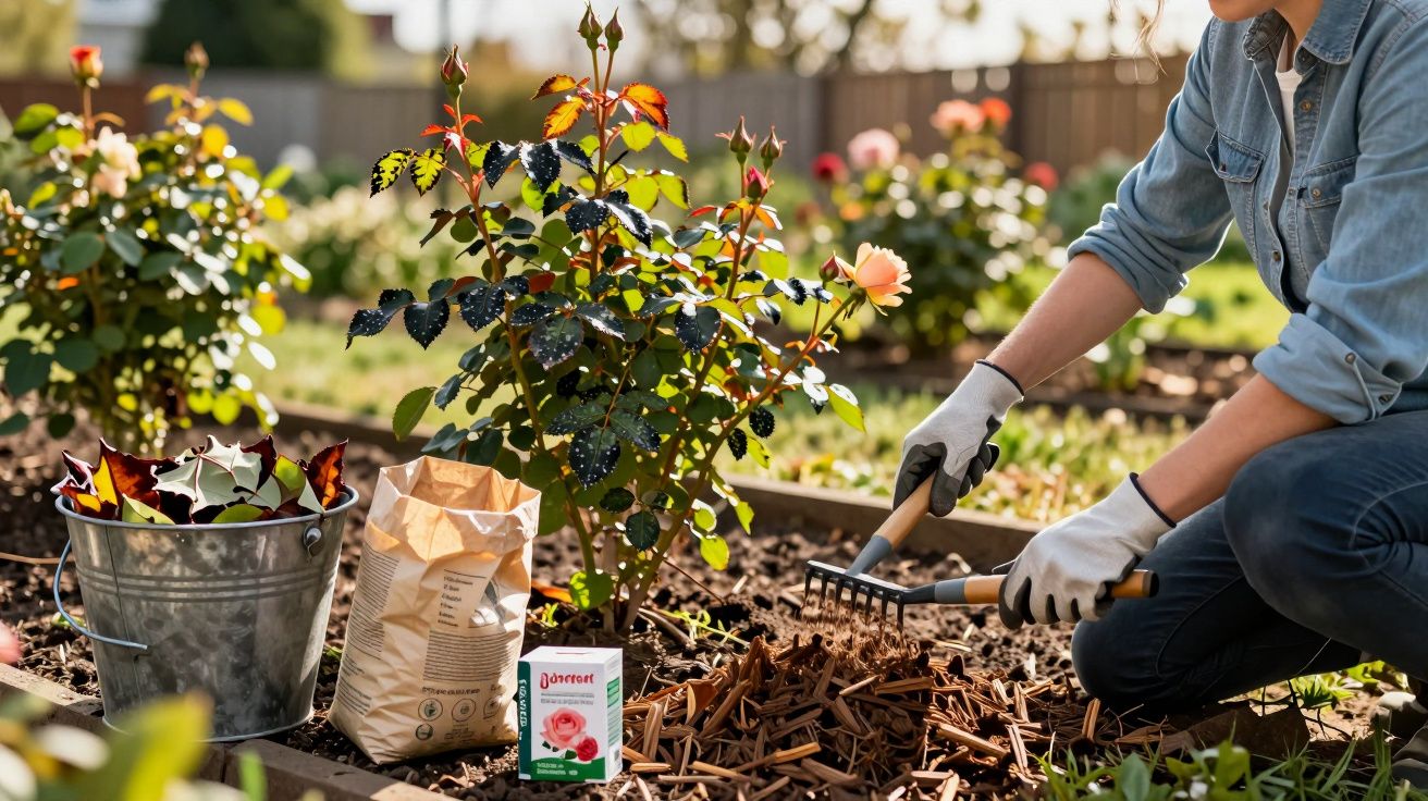 Pessoa com luvas cuidando de roseira em jardim, usando ancinho para espalhar cobertura morta na terra.