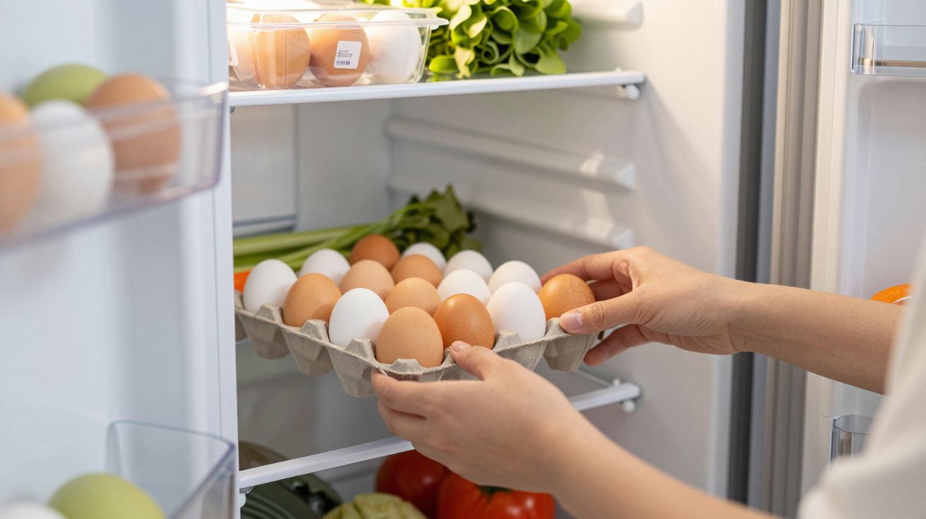 Mãos colocando bandeja com ovos dentro da geladeira, com verduras e legumes ao fundo.