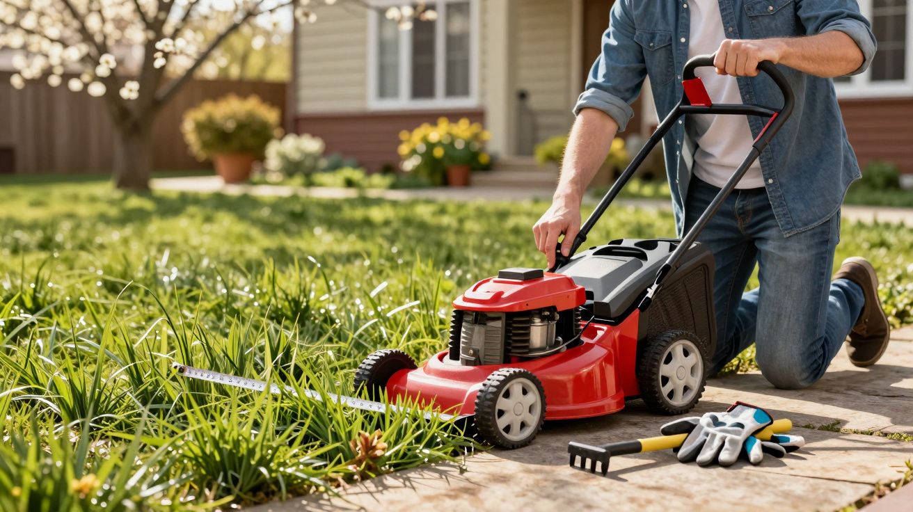 Pessoa ajusta cortador de grama vermelho em jardim com grama alta e flores ao fundo.