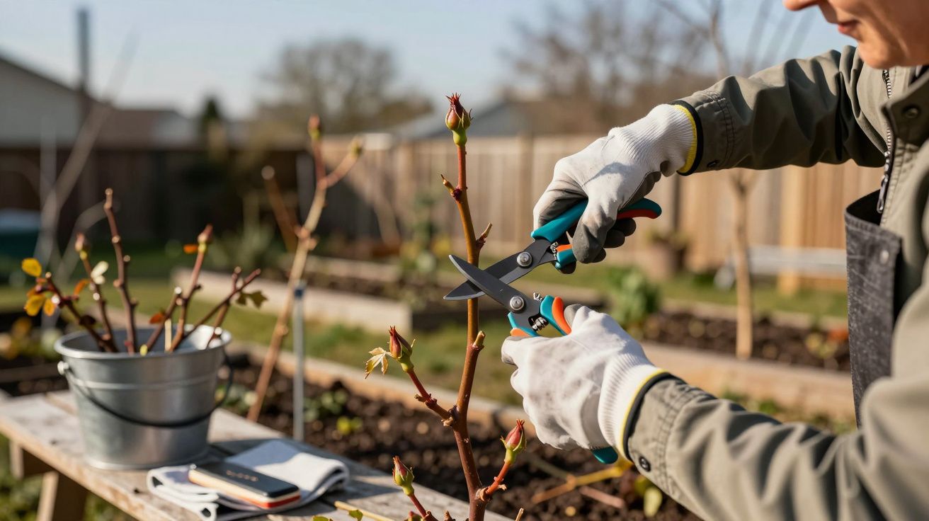 Pessoa podando galho de planta em jardim usando luvas e tesoura de poda.