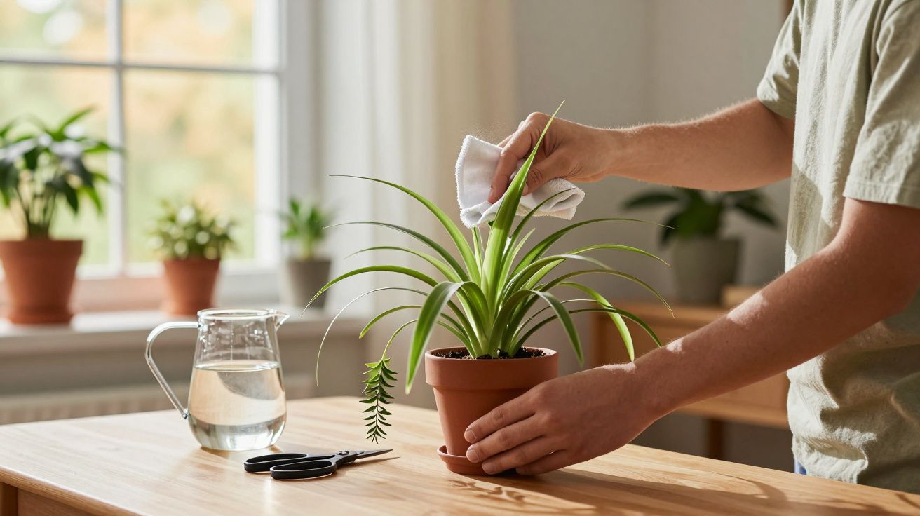 Pessoa limpando folha de planta em vaso com pano em mesa de madeira, ao lado regador e tesoura.