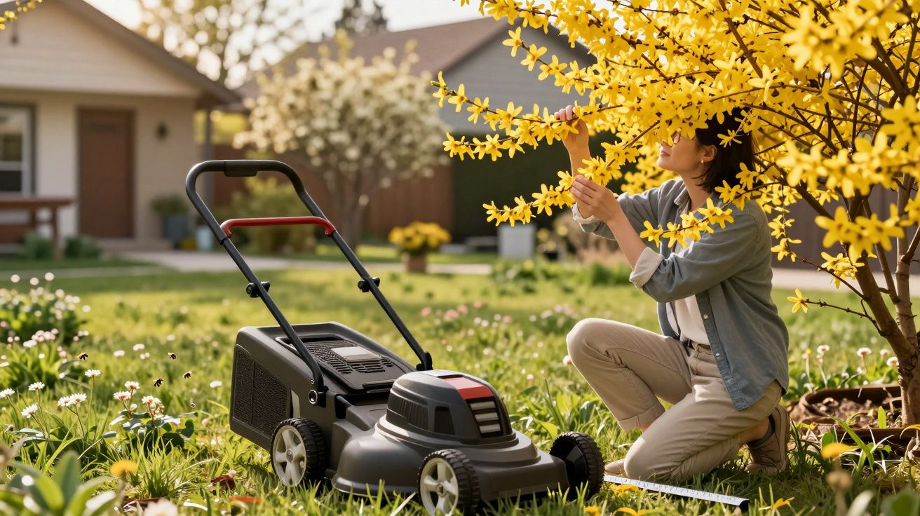 Mulher agachada examinando flores amarelas ao lado de cortador de grama no jardim de uma casa.