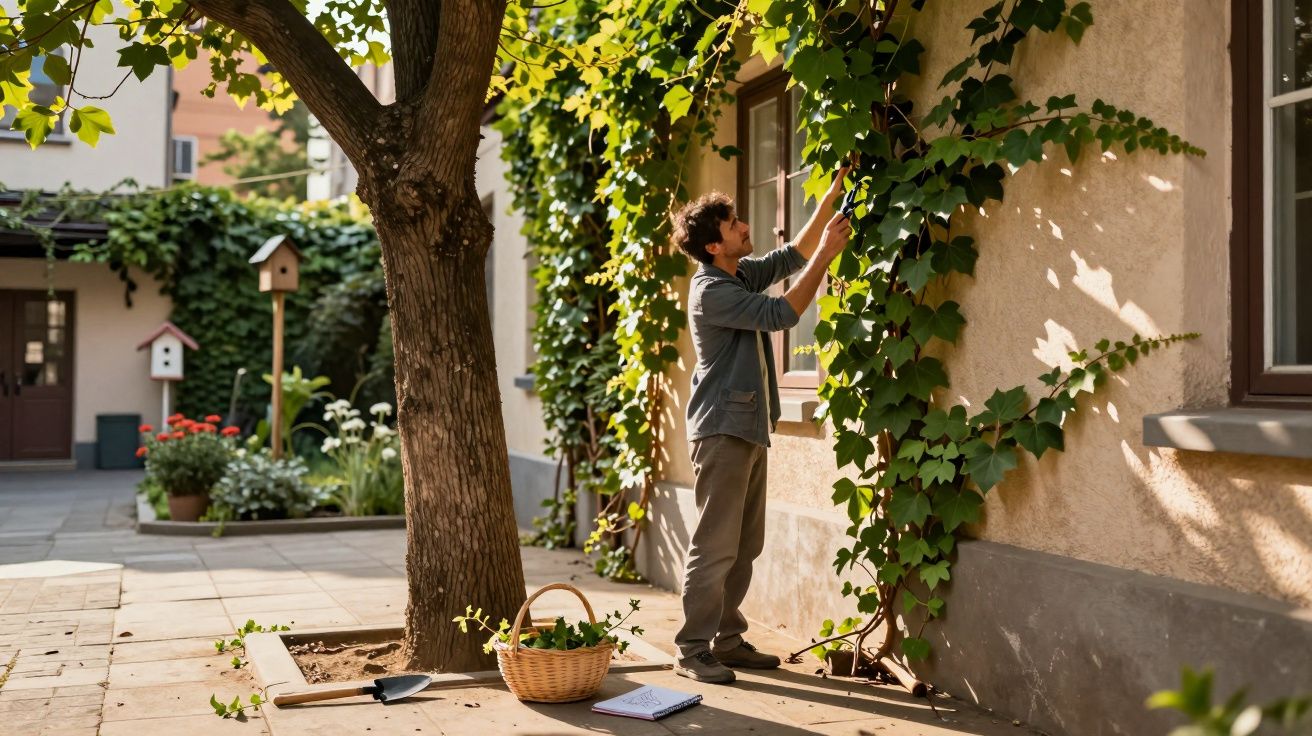 Homem cuidando de plantas trepadeiras em parede externa ensolarada de casa com árvores ao redor.