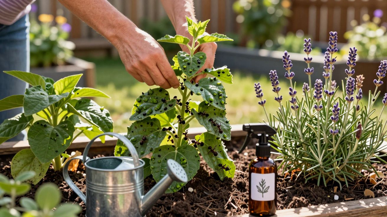 Pessoa removendo formigas pretas de planta na horta com regador e spray ao lado em jardim ensolarado.