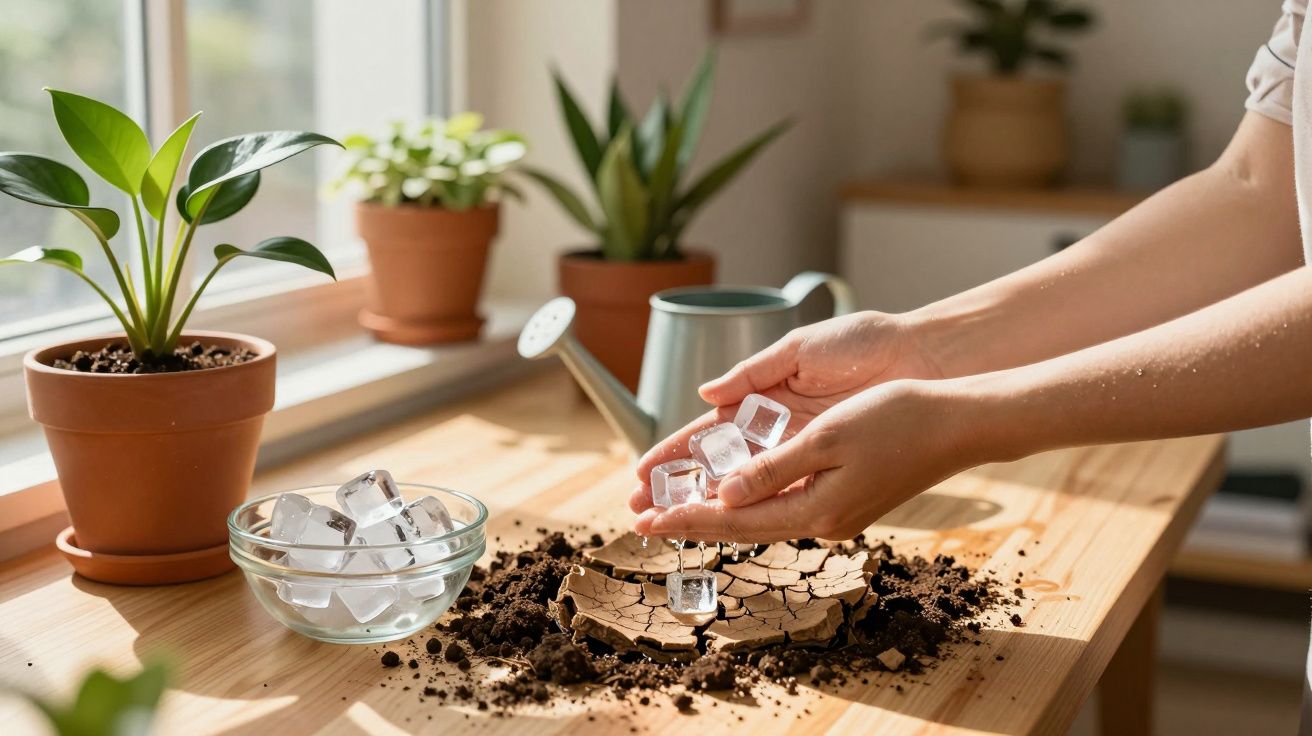 Mãos depositam cubos de gelo em solo seco rachado sobre mesa com vasos e regador ao fundo.