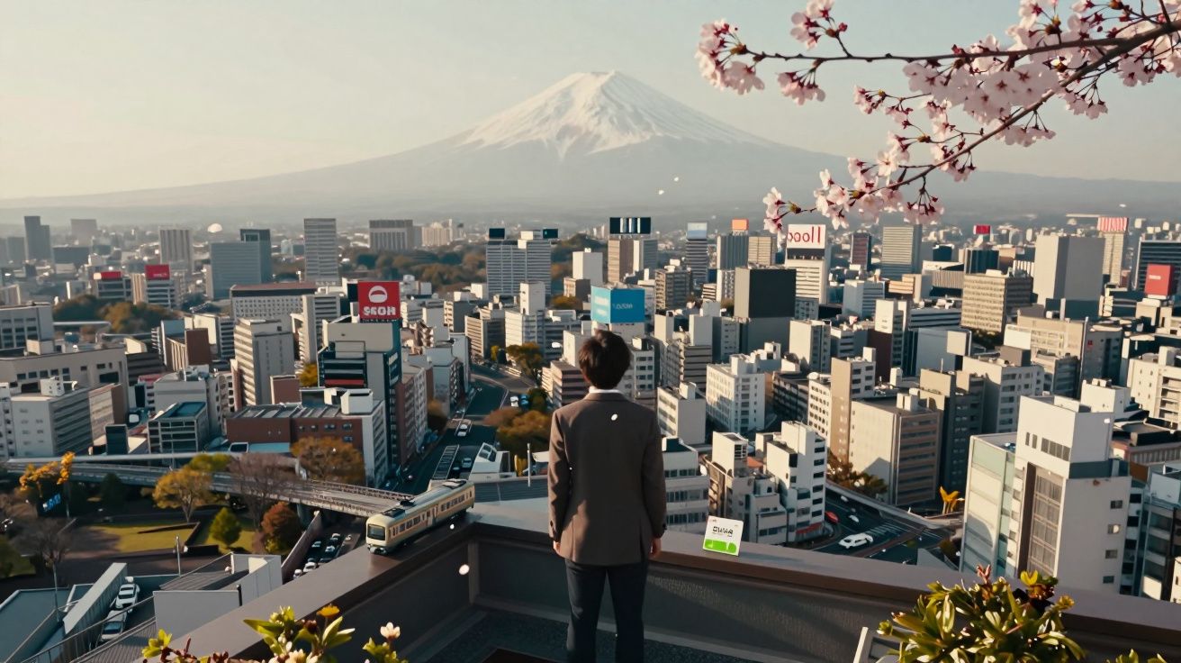 Pessoa observa a cidade com prédios e a montanha Fuji ao fundo, galhos de flor de cerejeira em primeiro plano.