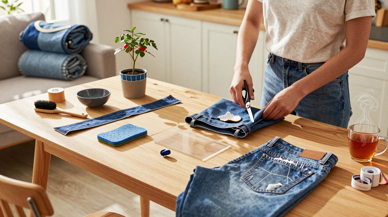 Pessoa cortando tecido jeans sobre mesa de madeira com materiais de costura e uma xícara de chá.