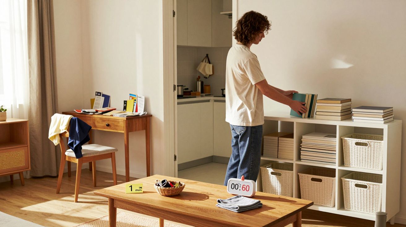 Pessoa organizando livros em estante branca em ambiente iluminado com mesa e escrivaninha de madeira ao fundo.