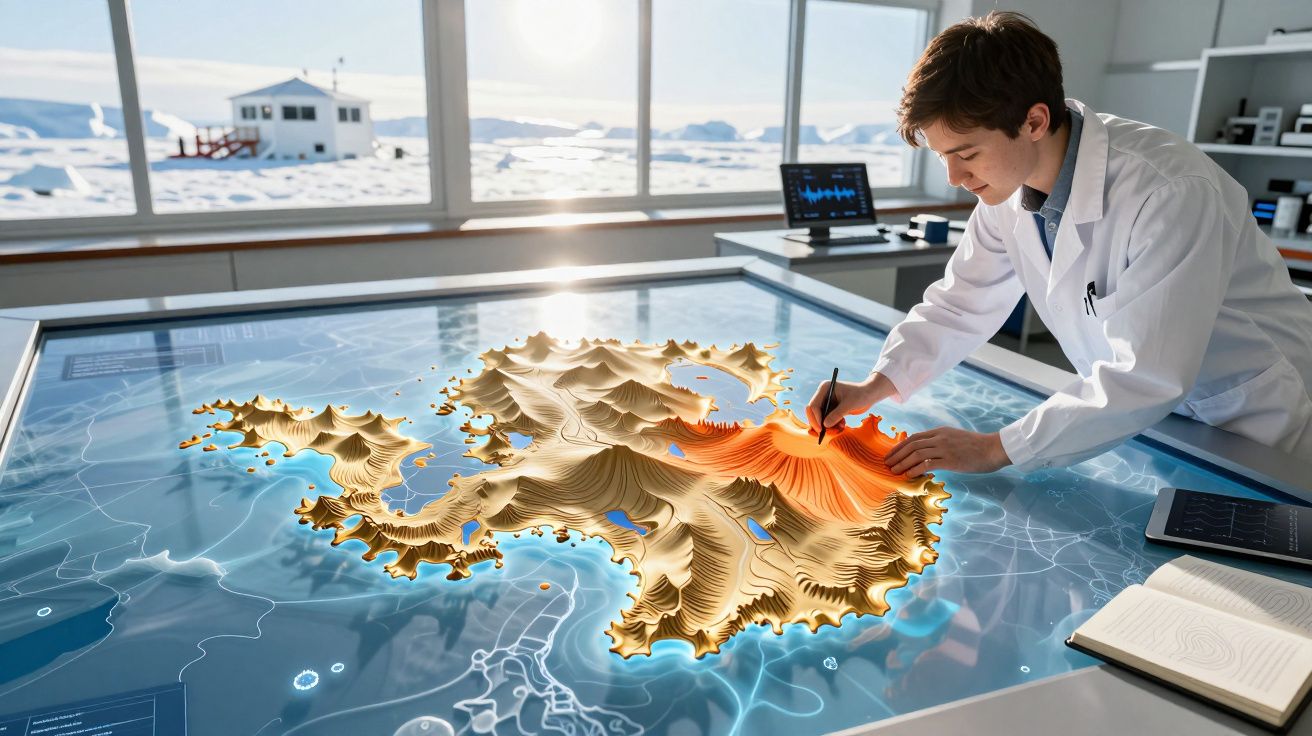 Cientista em laboratório interagindo com mapa 3D tátil de relevo detalhado sobre mesa digital.