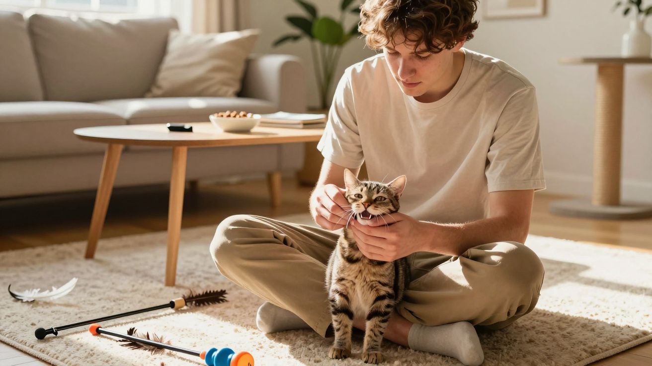Jovem sentado no chão acariciando gato em sala iluminada com móveis e brinquedos de pet no tapete.
