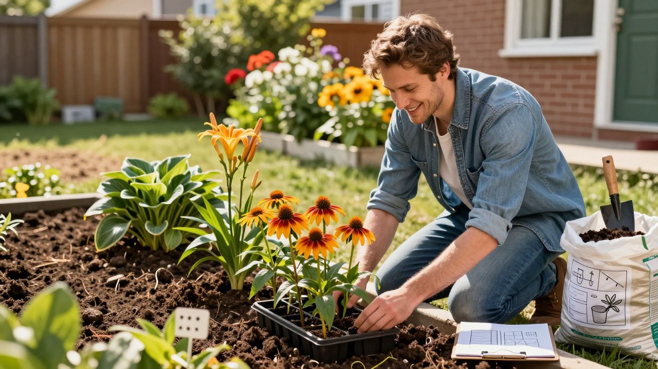Homem sorrindo plantando flores coloridas em jardim de casa no dia ensolarado.