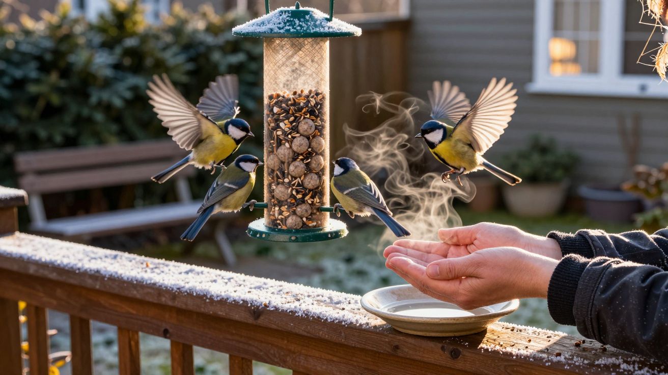 Pássaros se alimentando em comedouro com mãos aquecidas ao vapor em ambiente externo de inverno.