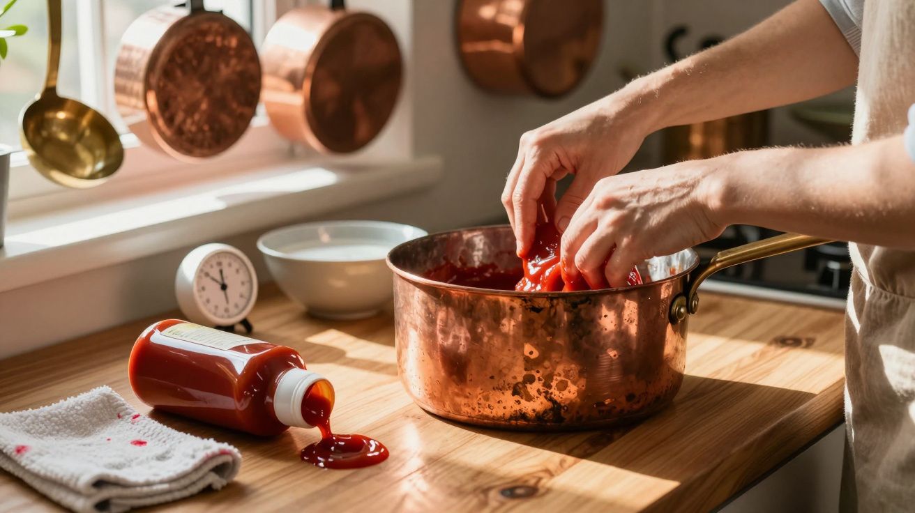 Pessoa colocando tomates em panela de cobre, com ketchup derramado sobre bancada de madeira.