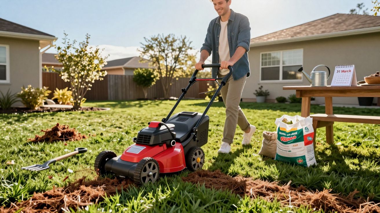 Homem cortando grama do jardim com cortador de grama vermelho em dia ensolarado.
