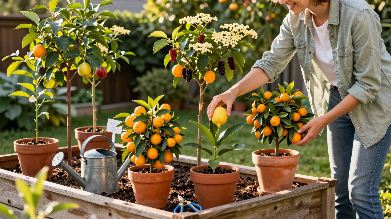 Pessoa colhendo limão em jardim com diversas plantas frutíferas em vasos de barro sobre canteiro elevado.