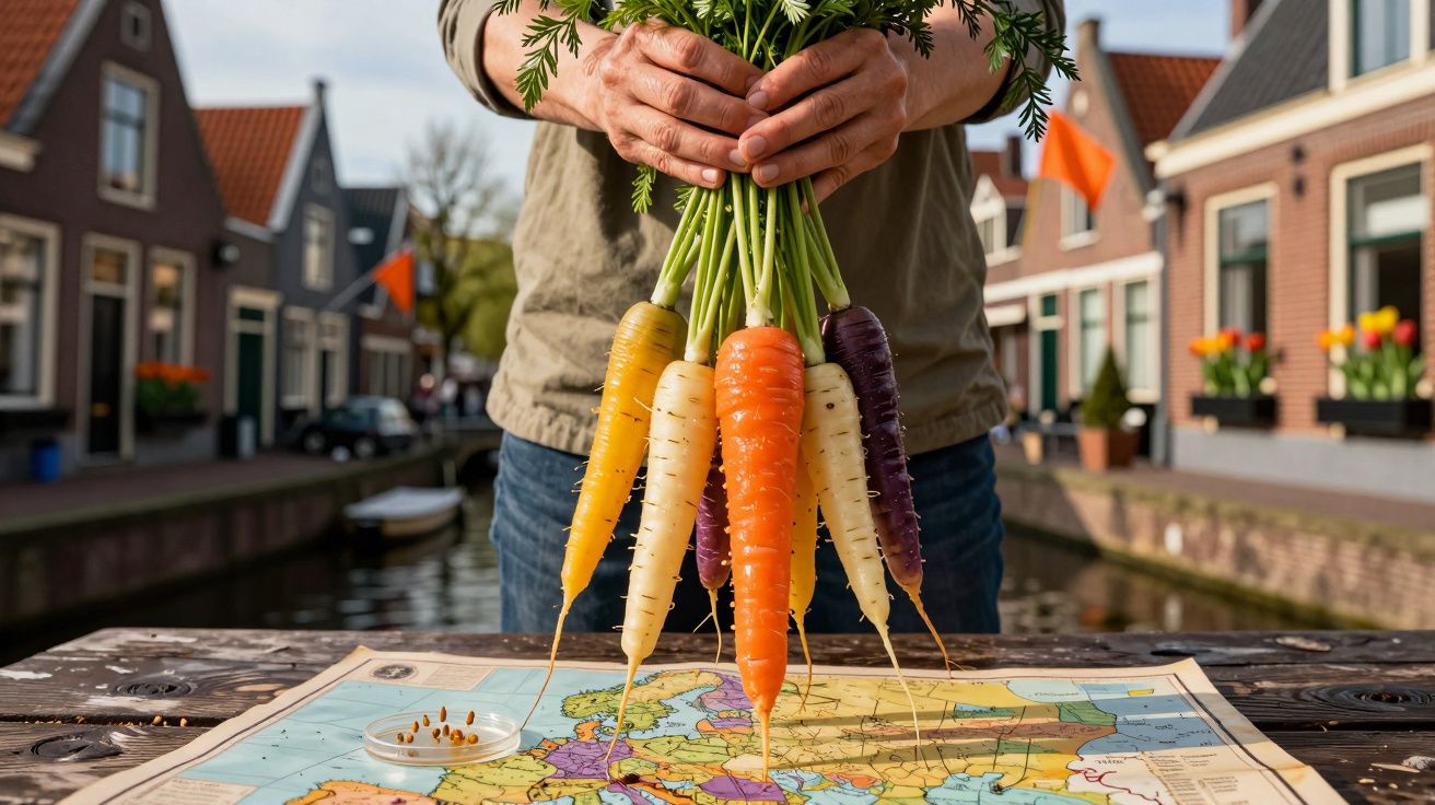 Pessoa segurando cenouras de cores variadas sobre mapa de Europa em mesa perto de canal com casas ao fundo.