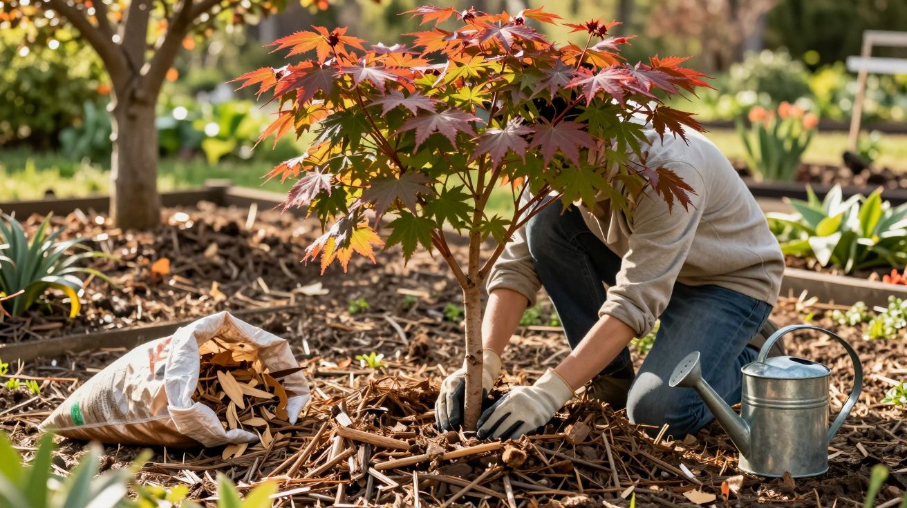 Pessoa com luvas cuidando de uma árvore jovem com folhas vermelhas em jardim ensolarado.