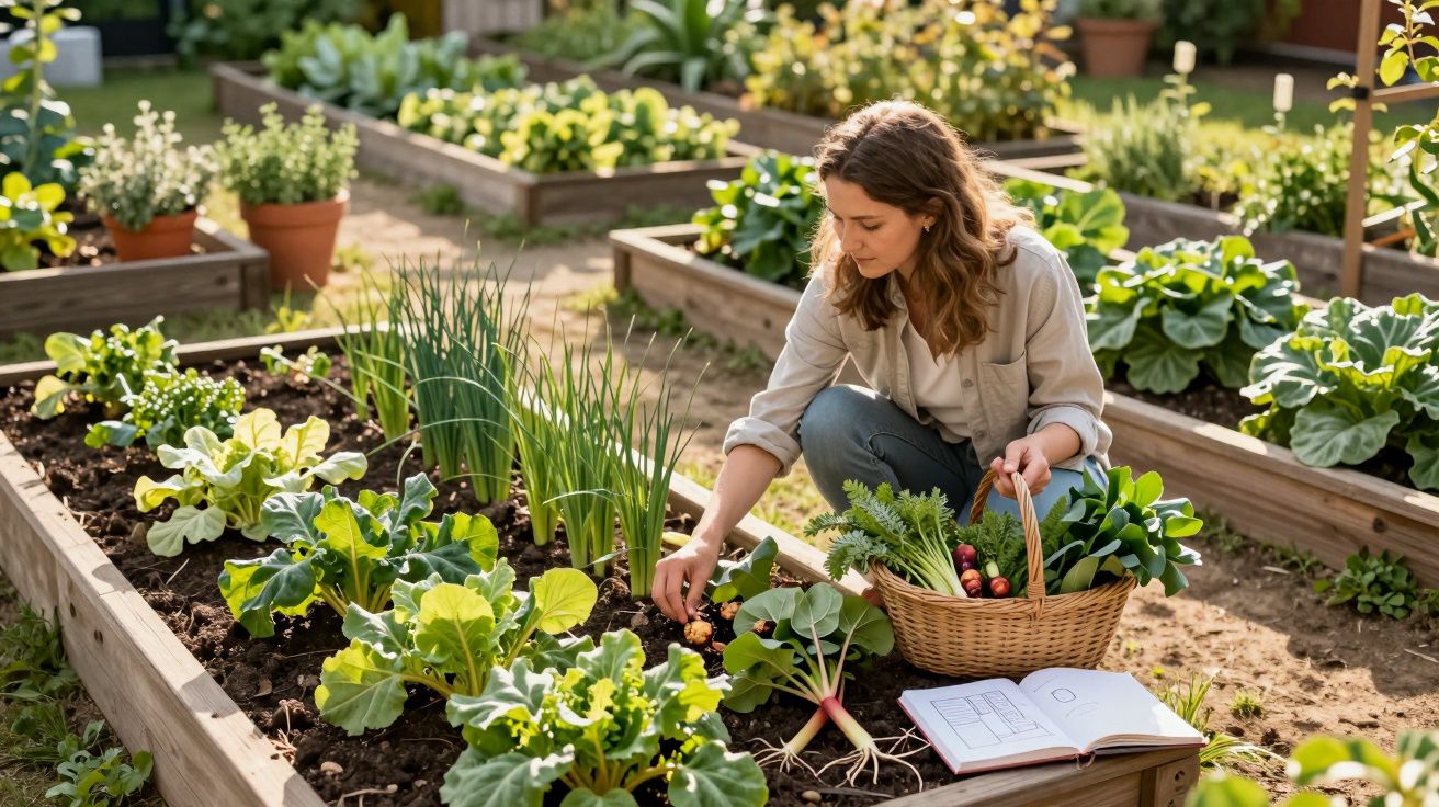 Mulher colhendo vegetais em canteiros elevados com cesta e caderno aberto ao lado em horta comunitária.