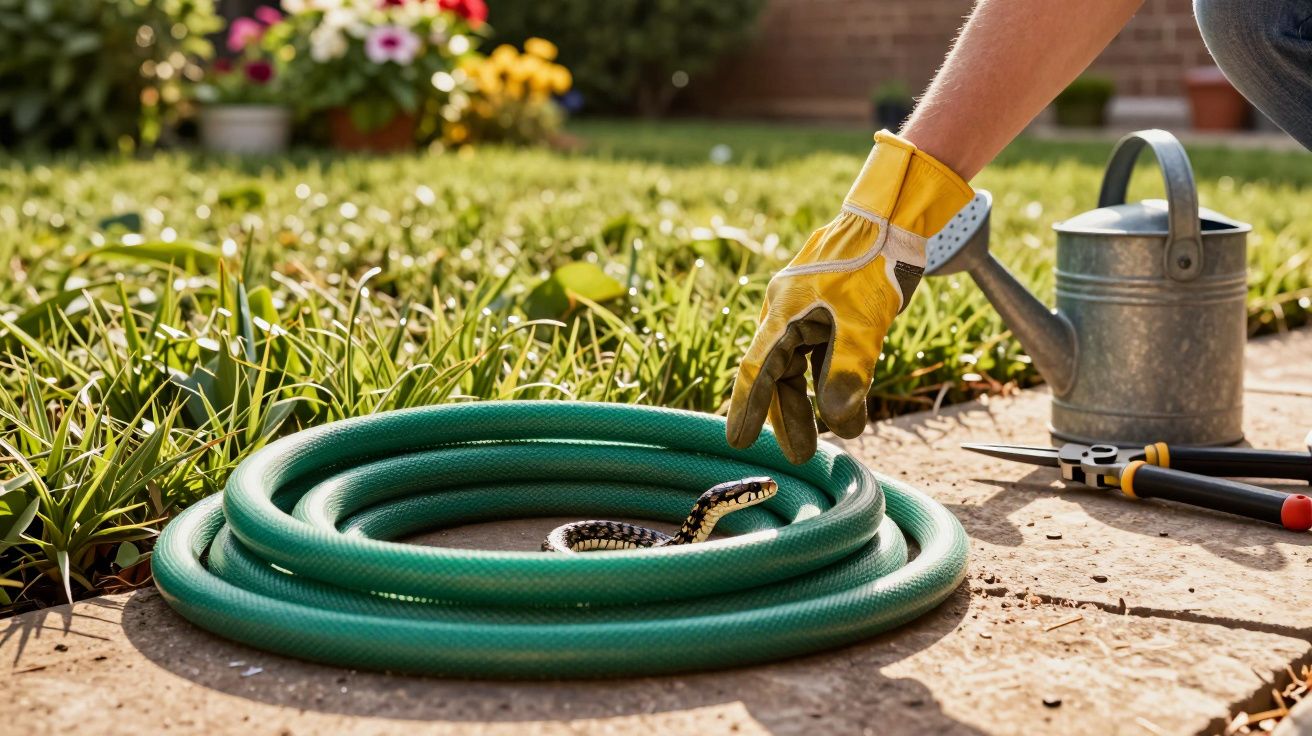 Mão com luva amarela afastando cobra que está enrolada em mangueira verde no jardim.