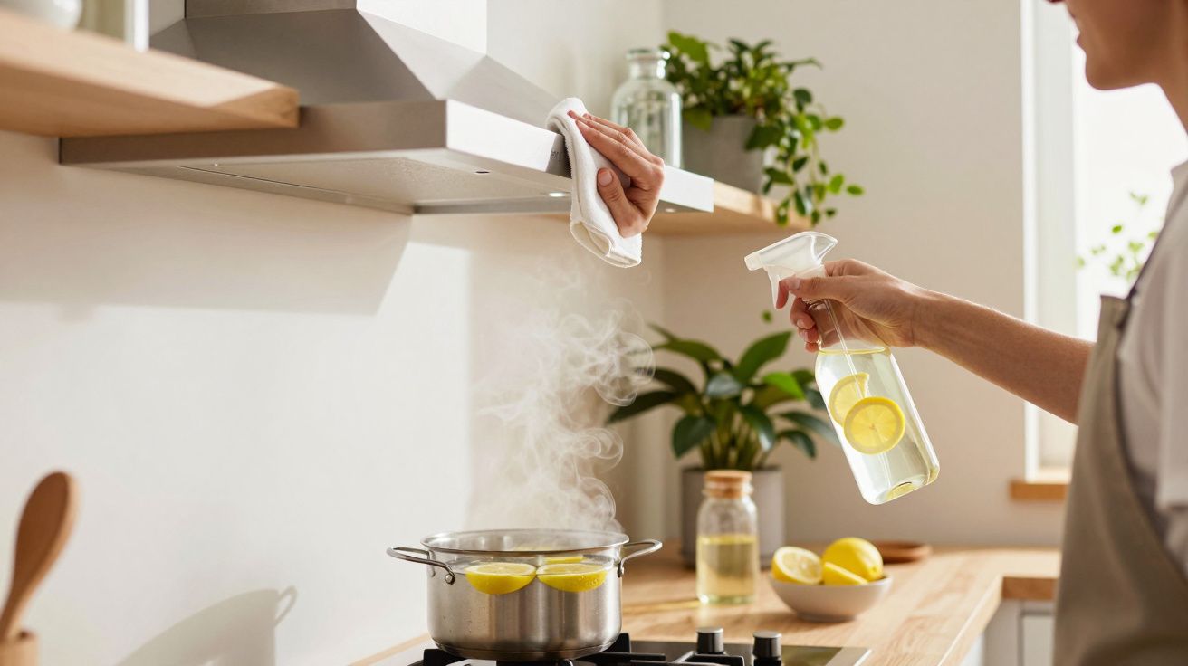 Pessoa limpando a coifa da cozinha com pano e spray enquanto cozinha com limões na panela.