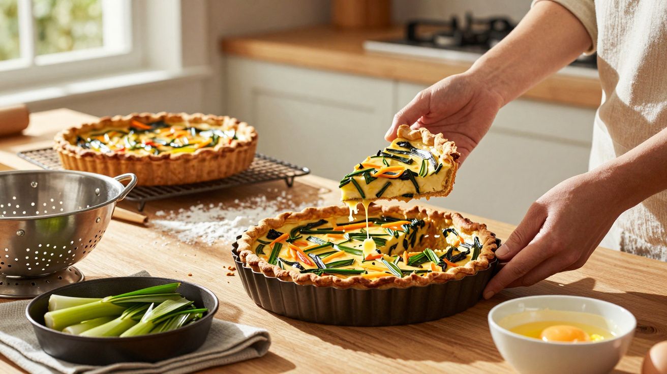 Pessoa segurando fatia de quiche com vegetais em cozinha iluminada, com ingredientes sobre a mesa.