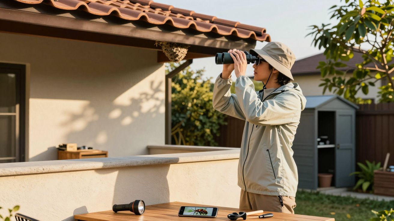 Pessoa com chapéu usando binóculo para observar um ninho de vespas sob o beiral de casa.