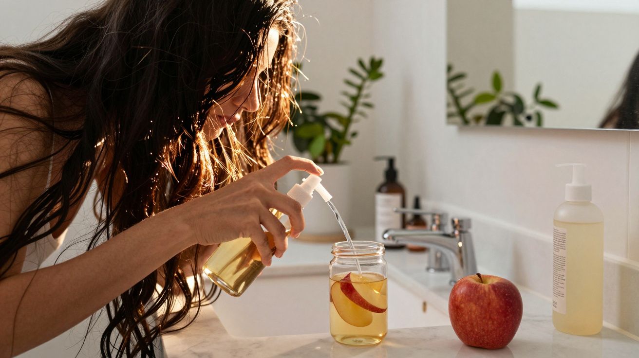 Mulher aplicando spray em copo com água e fatias de maçã em bancada de banheiro iluminada.