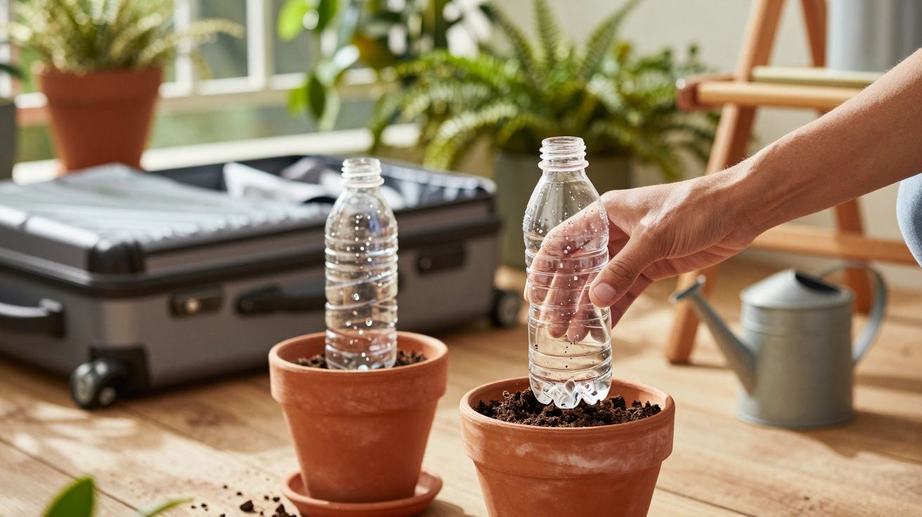 Mãos colocando garrafas de plástico com água nas plantas em vasos de barro para irrigação caseira.