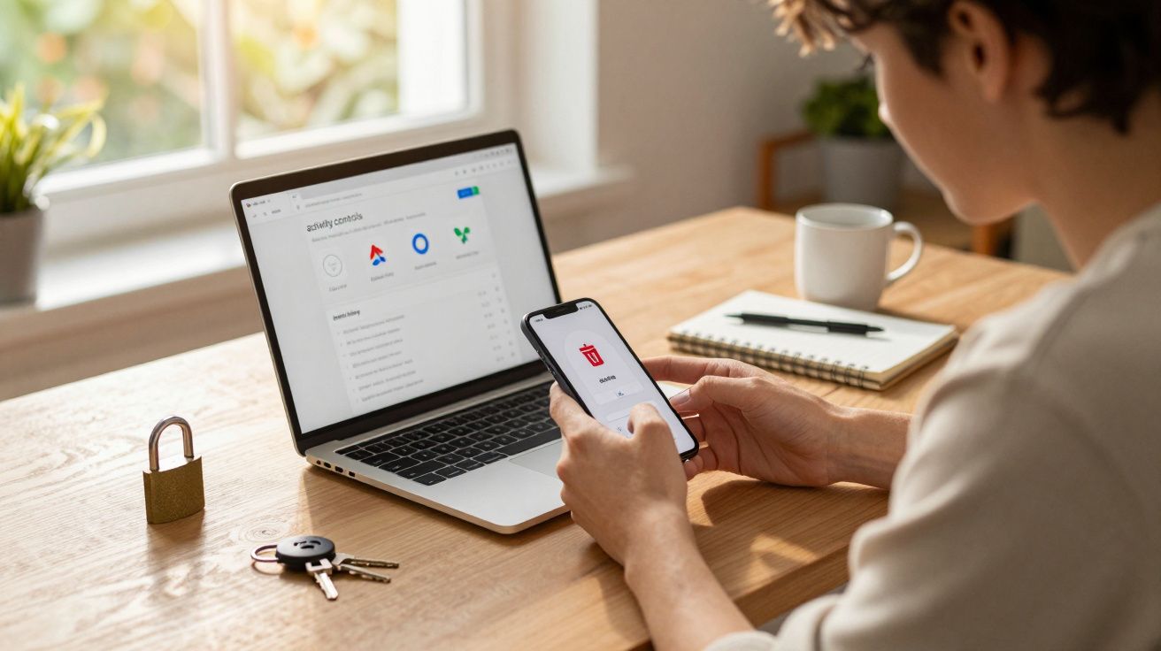 Pessoa usando celular com ícone de lixeira na tela, ao lado de notebook, chave, caderno e caneca sobre mesa de madeira.