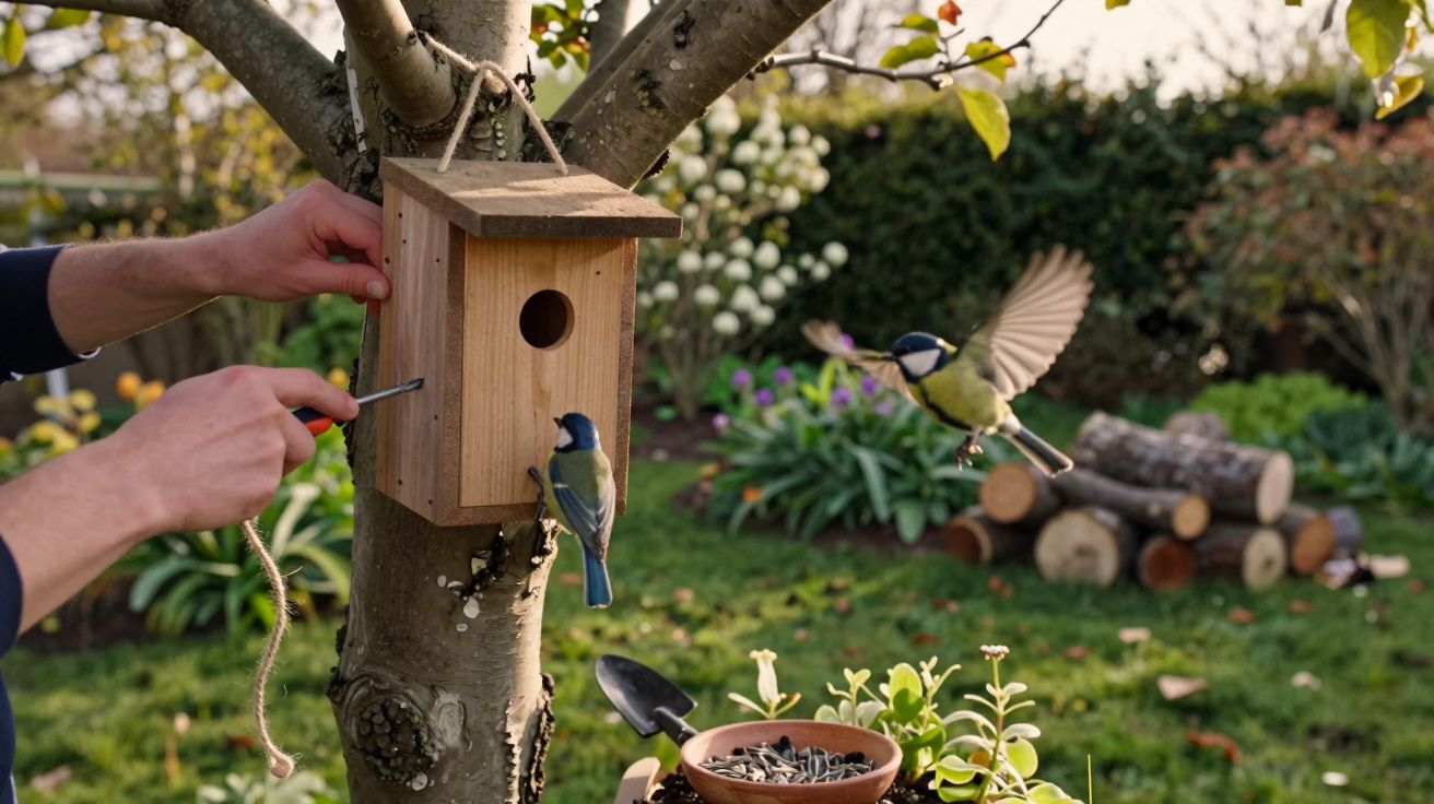 Pessoa instalando uma casinha de passarinho em árvore enquanto dois pássaros se aproximam em um jardim.