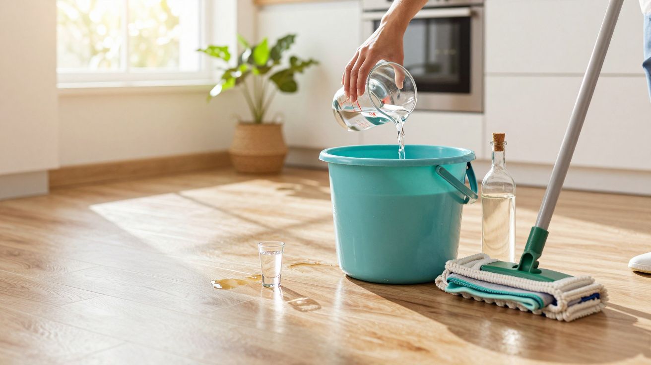 Pessoa despejando água em balde azul para limpeza de chão com esfregão e garrafa sobre piso de madeira clara.