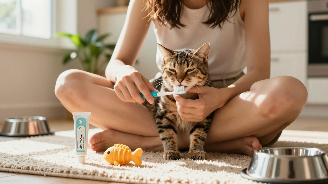 Pessoa escova os dentes de gato sentado no tapete com brinquedo e potes de comida ao redor.