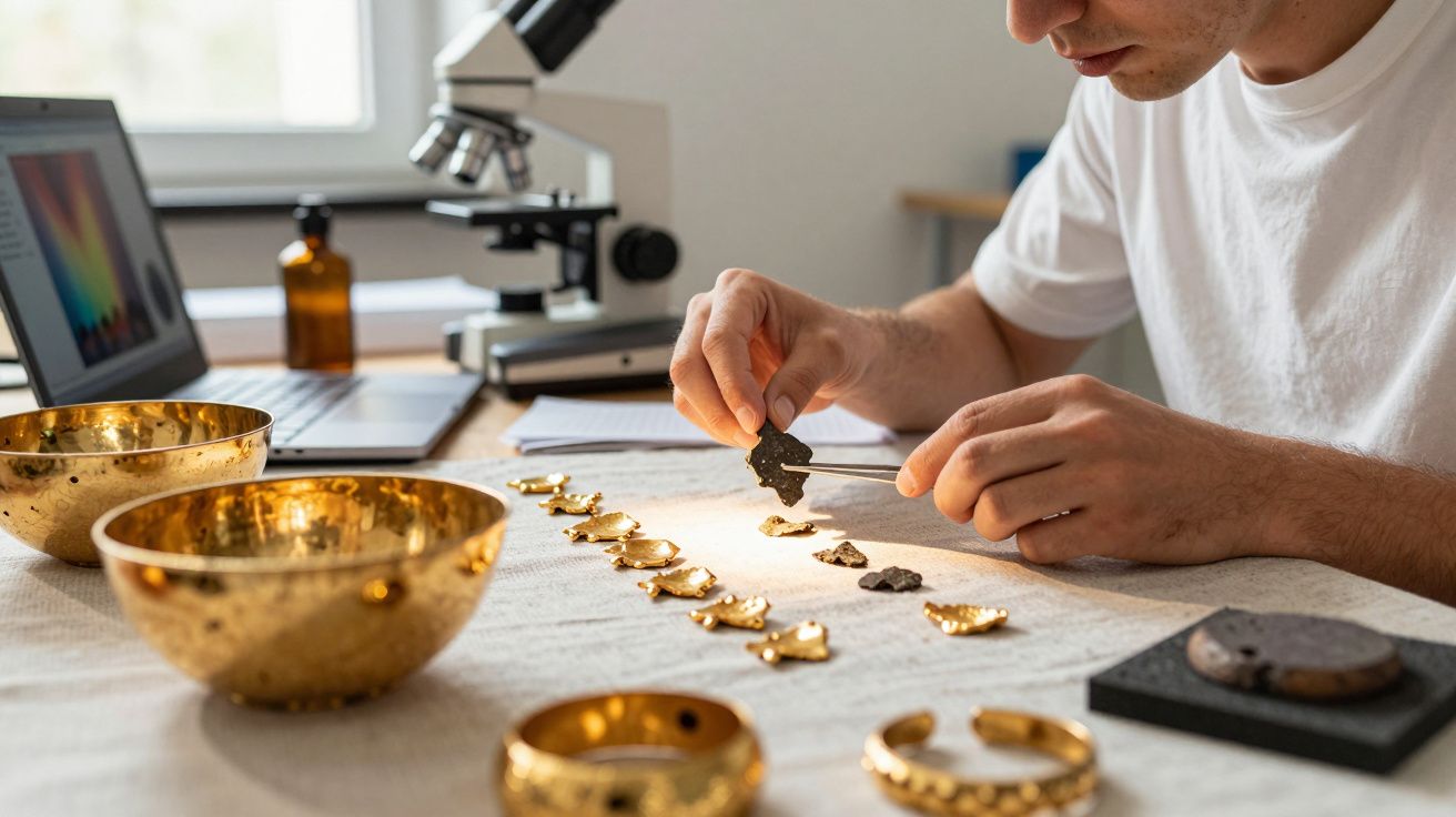 Pesquisador manuseia fragmentos arqueológicos dourados dispostos sobre mesa com microscópio e computador ao fundo.