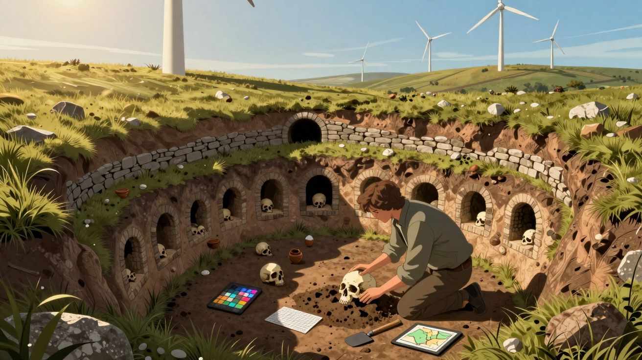 Pessoa escavando crânios em cemitério antigo com moinhos de vento ao fundo sob céu claro.