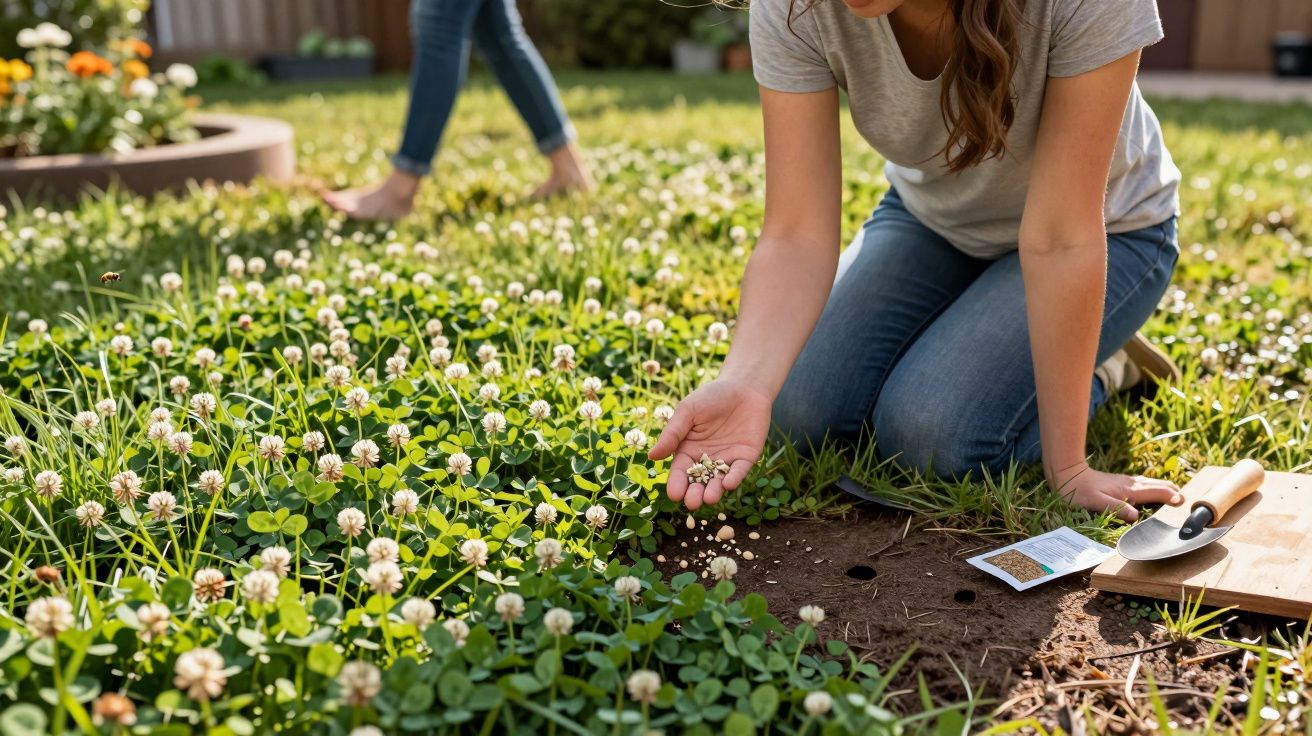 Pessoa de joelhos plantando sementes em jardim com muitas flores brancas de trevo ao redor.