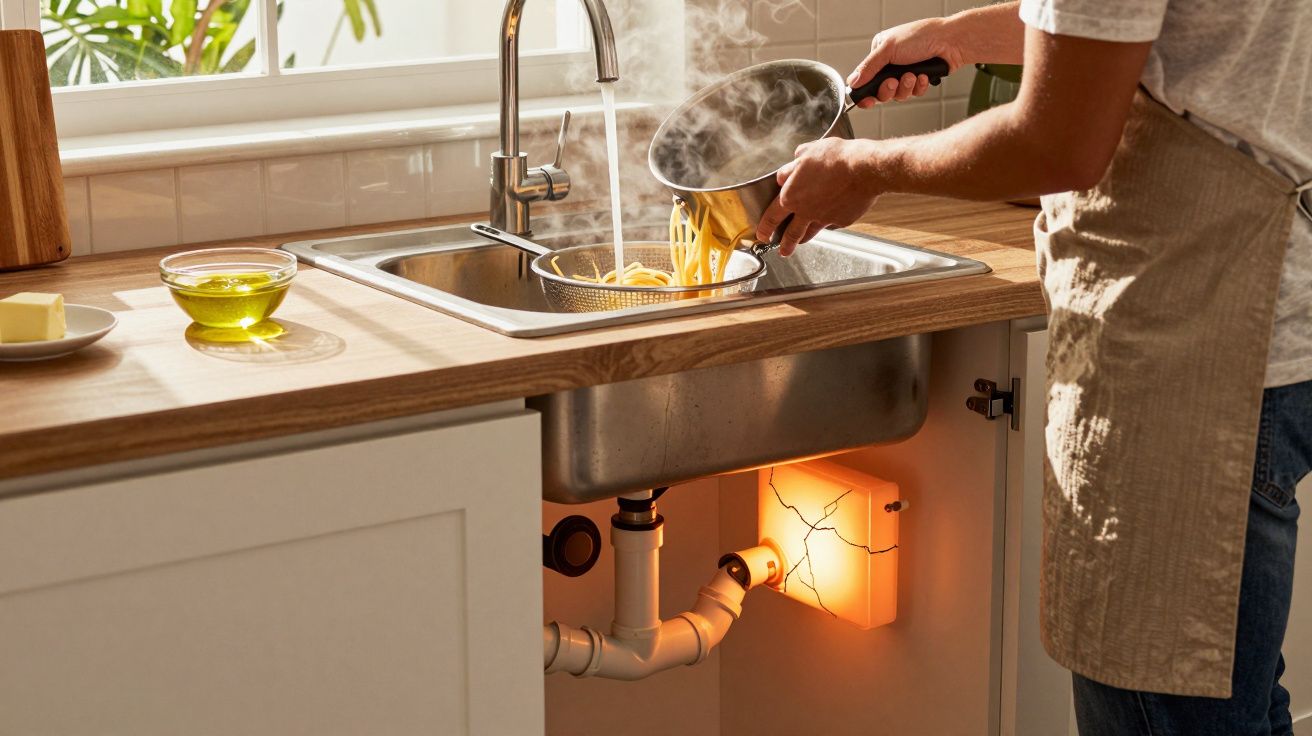 Pessoa coando macarrão na pia da cozinha com dispositivo detectando vazamento instalado no armário.