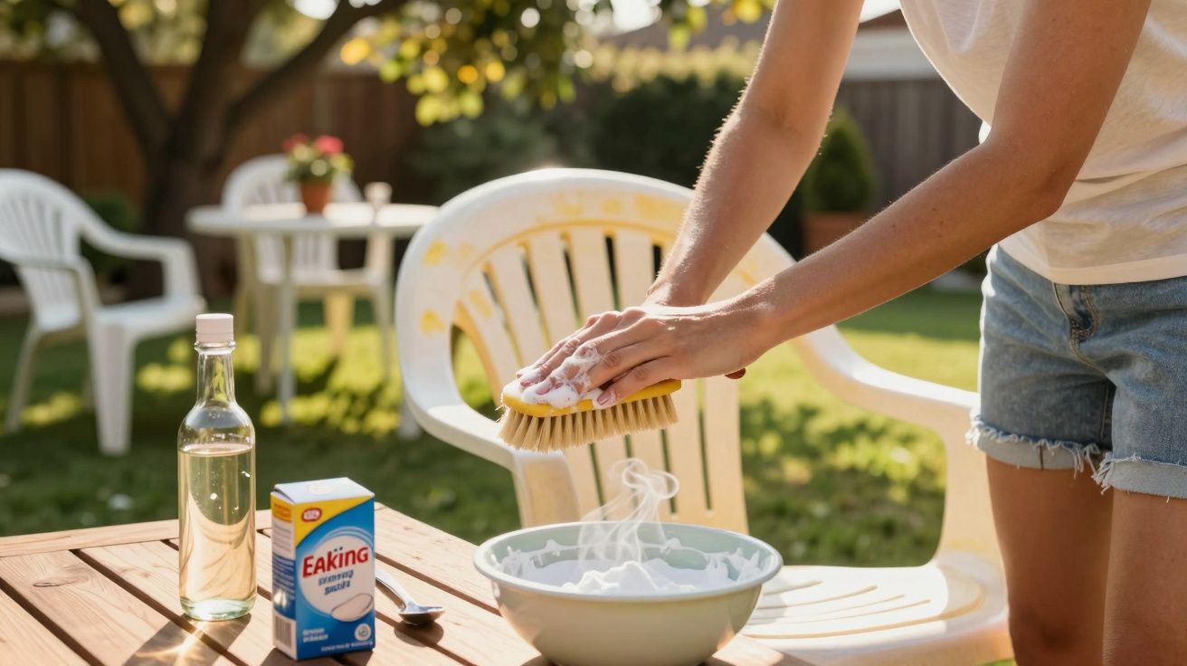 Pessoa esfregando escova com espuma de bicarbonato de sódio e vinagre em cadeira plástica branca no jardim.