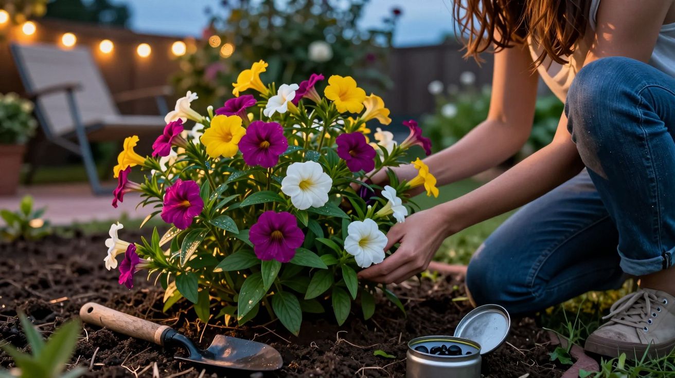 Pessoa cuidando de flores coloridas em um jardim ao entardecer com ferramentas de jardinagem.