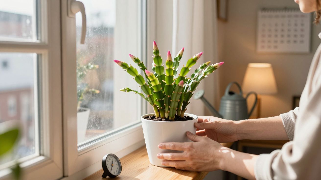 Pessoa ajustando vaso com planta de flores cor-de-rosa em peitoril de janela iluminada pela luz natural.