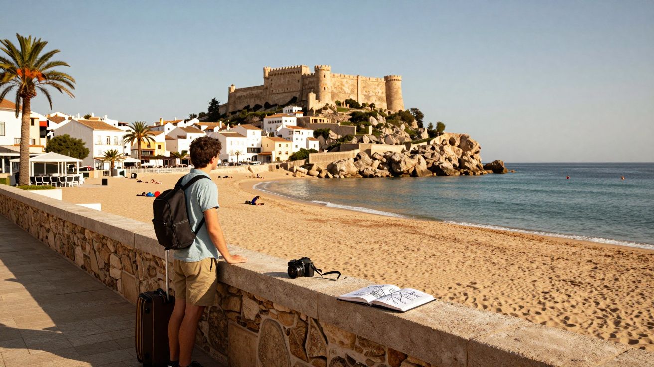 Jovem com mochila e mala observa castelo ao lado da praia de areia em dia ensolarado.