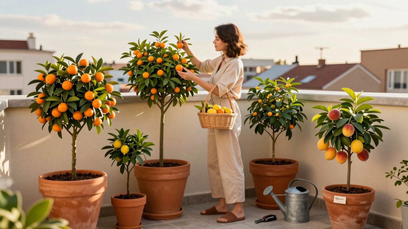 Mulher colhendo frutas em vasos com árvores frutíferas em varanda ensolarada.