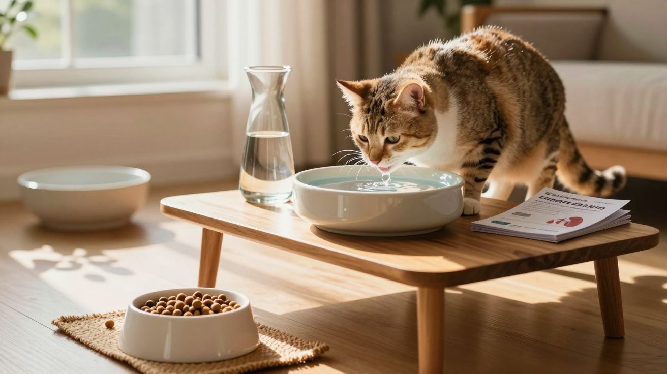Gato bebendo água em tigela sobre mesa de madeira com ração e jarra de vidro ao lado.
