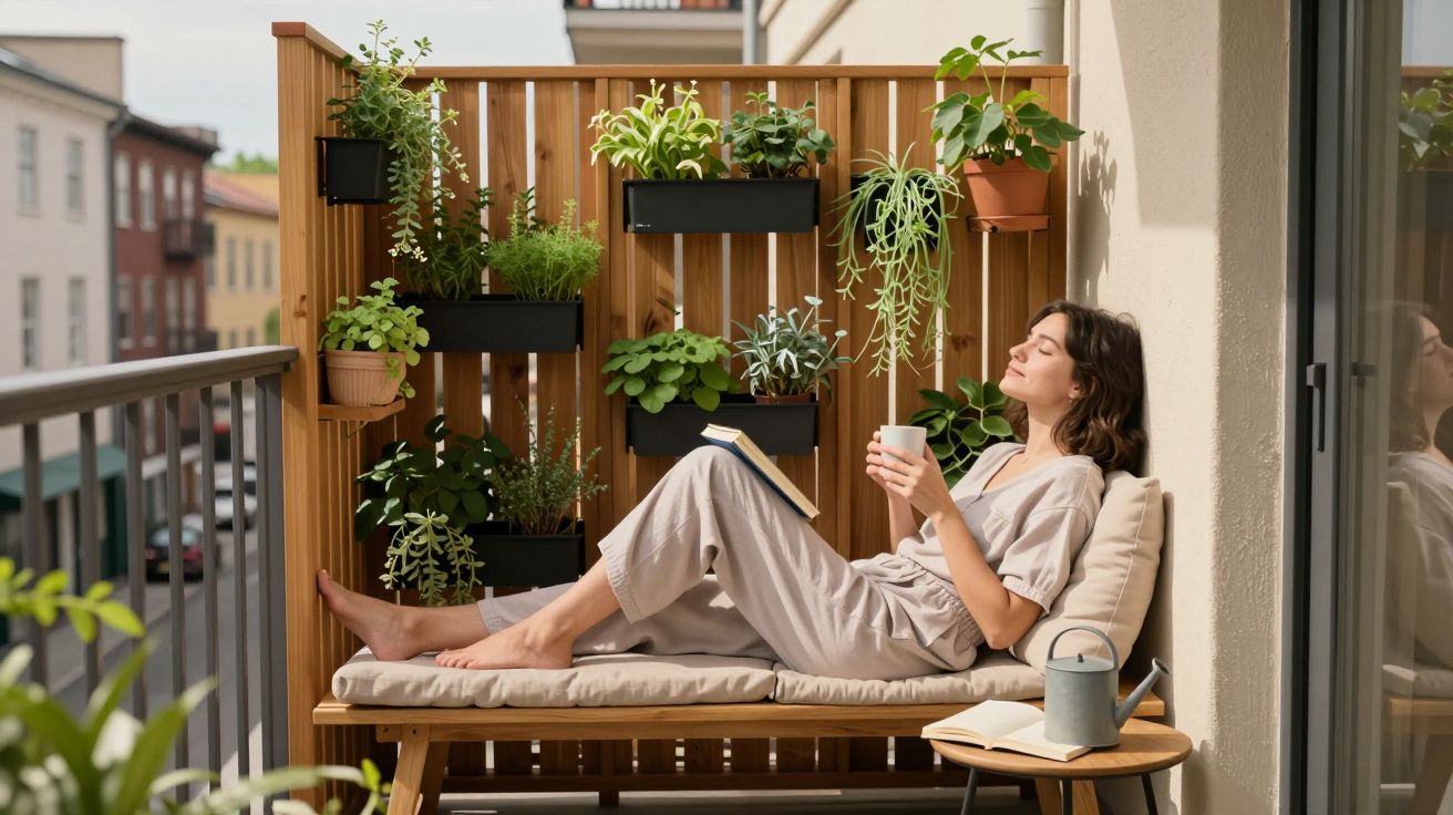 Mulher relaxando em varanda com plantas, segurando uma xícara e livro aberto no colo.