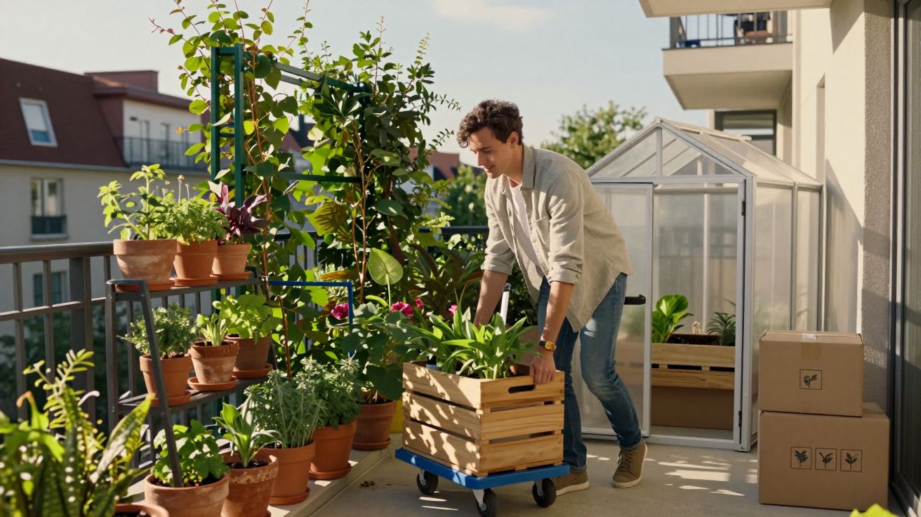 Homem organiza plantas em vasos e caixas de madeira em varanda ensolarada com estufa pequena ao fundo.