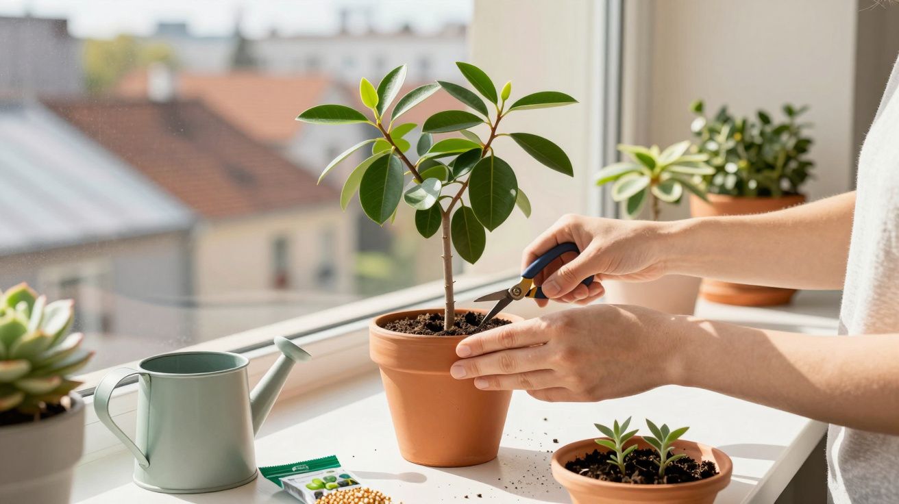 Pessoa cuidando de plantas em vasos na janela ensolarada, usando tesoura de poda.