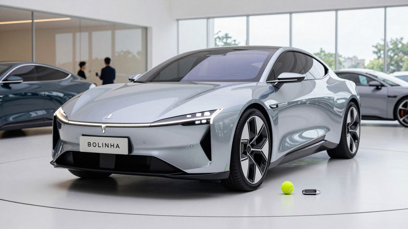 Carro elétrico cinza em exposição interna com placa personalizada "Bolinha" e chave e bolinha de tênis ao lado.