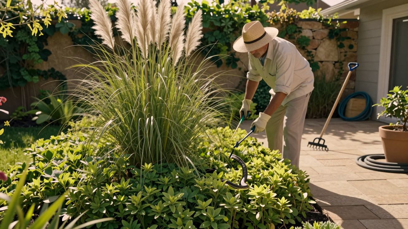 Homem com chapéu cuidando do jardim, enrolando uma mangueira entre plantas verdes em ambiente residencial.