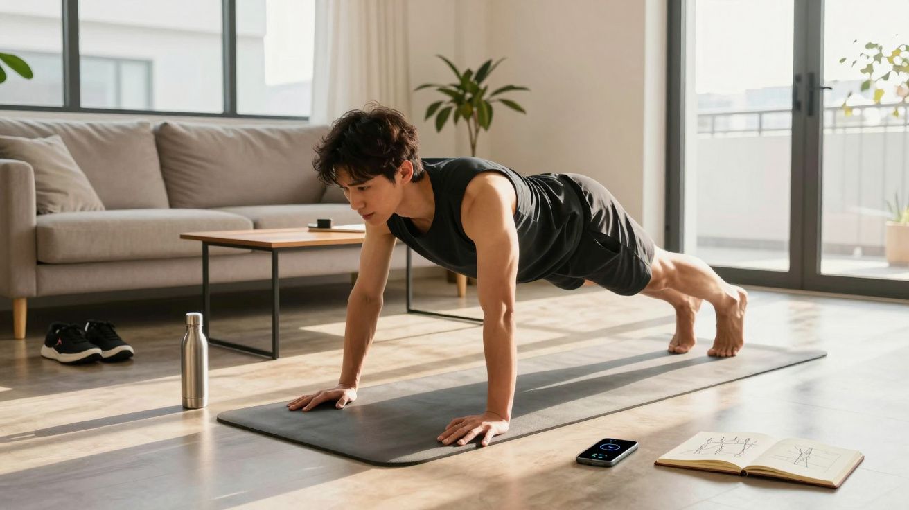 Pessoa fazendo flexão em tapete de yoga em sala clara com chão de madeira e sofá cinza ao fundo.