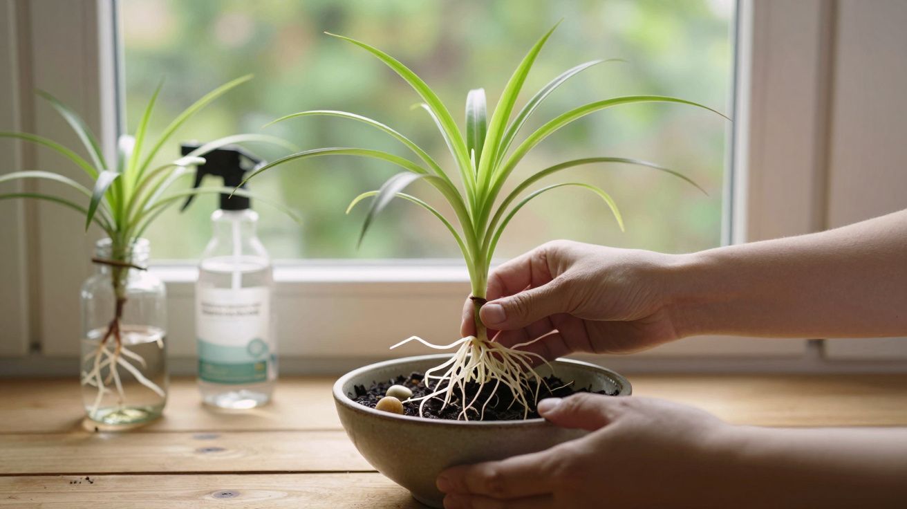 Mãos transplantando muda de planta com raízes expostas para vaso com terra sobre mesa próxima a janela.