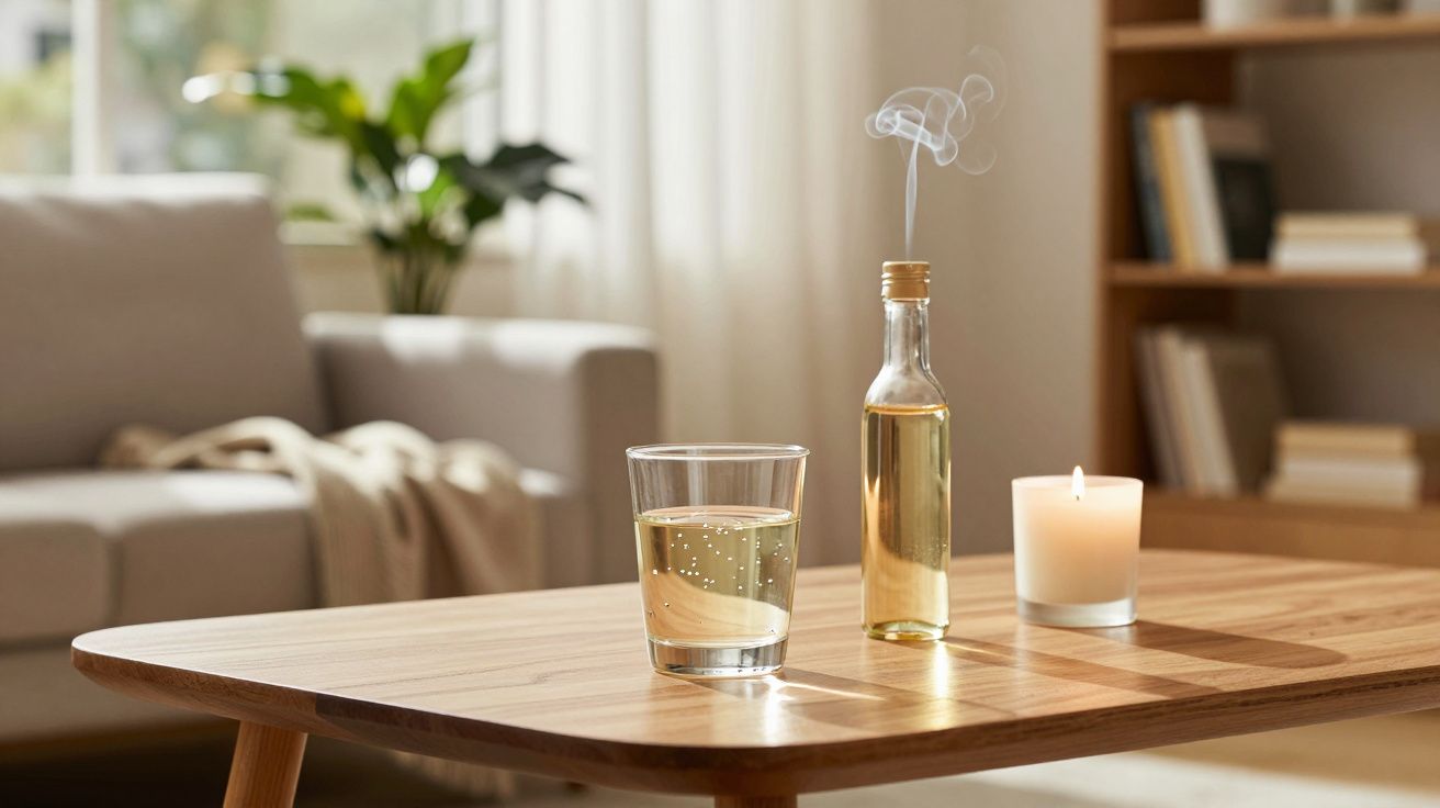 Mesa de madeira com copo de bebida, garrafa com essência e vela acesa em sala aconchegante.